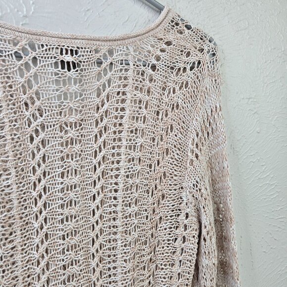 Tommy Bahama Tunic Top Open Knit Crochet M Tan Linen Minimalist Cover Up V Neck - Picture 11 of 12